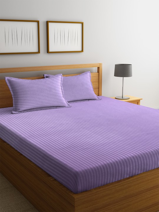 Lavender Striped Flat 210 TC Cotton 1 Double Bedsheet with 2 Pillow Covers
