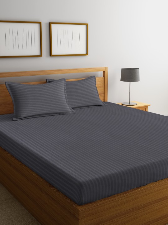 Grey Striped Flat 210 TC Cotton 1 Double Bedsheet with 2 Pillow Covers