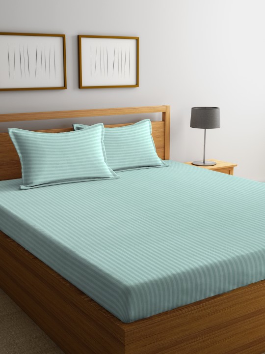 Green Striped Flat 210 TC Cotton 1 Double Bedsheet with 2 Pillow Covers