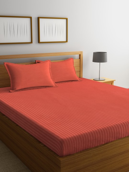 Rust Red Striped Flat 210 TC Cotton 1 Double Bedsheet with 2 Pillow Covers