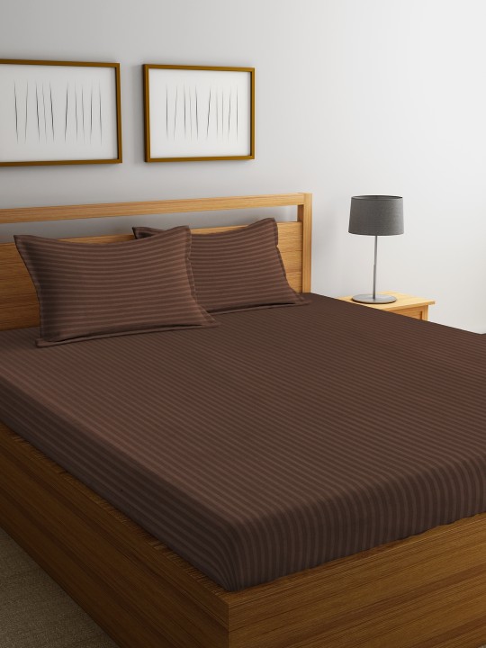 Brown Striped Flat 210 TC Cotton 1 Double Bedsheet with 2 Pillow Covers