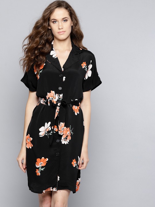 Women Black & Orange Printed Shirt Dress XS