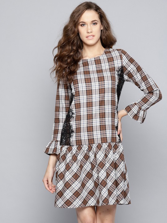 Women Brown & White Checked Drop-Waist Dress XS