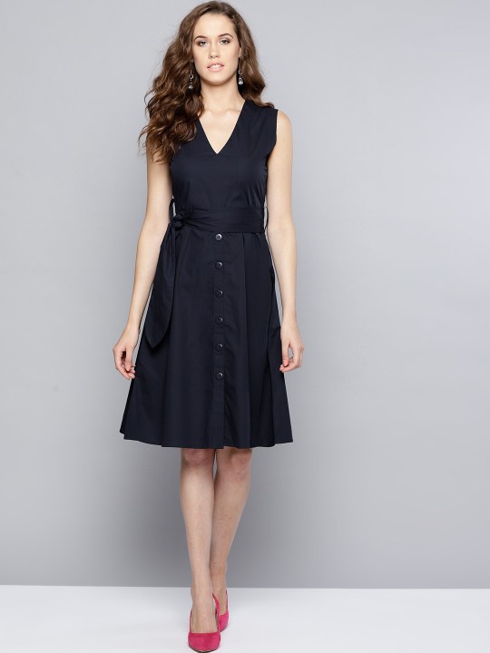 Women Navy Blue Solid Fit and Flare Dress XS
