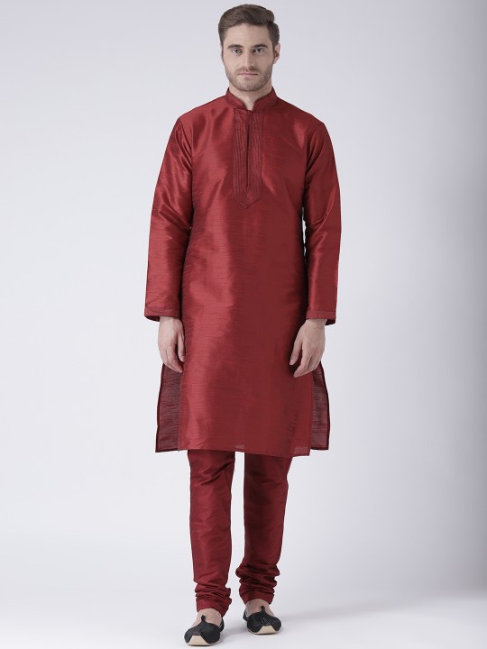 Men Maroon Solid Kurta with Pyjamas S