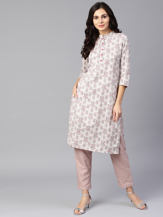 Women Grey & Coral Pink Printed Kurta with Trousers S
