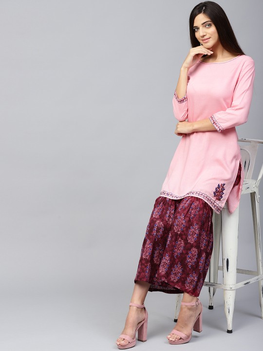 Women Pink & Maroon Solid Kurta with Sharara S