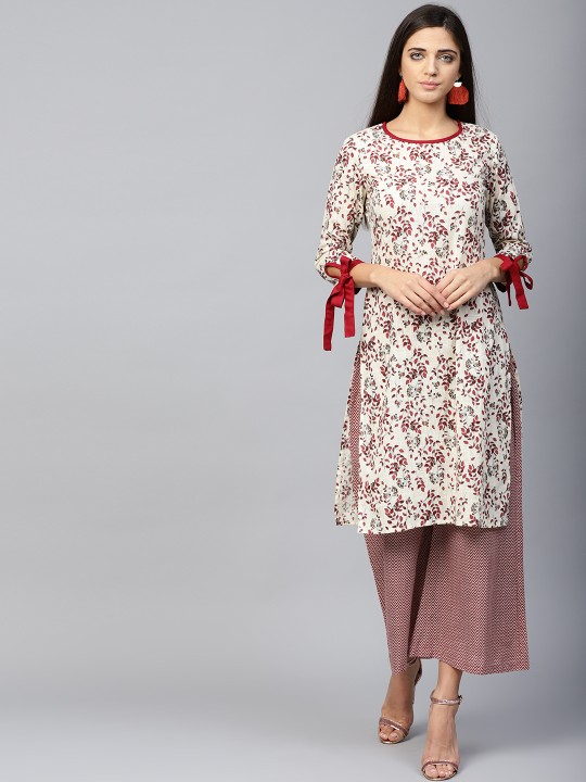 Women Off-White & Maroon Printed Kurta with Palazzos S