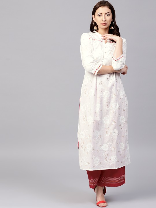 Women White & Maroon Printed Embroidered Kurta with Palazzos S