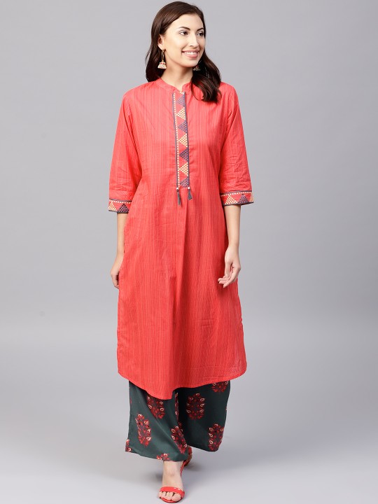 Women Coral Pink & Grey Striped Embroidered Kurta with Palazzos S
