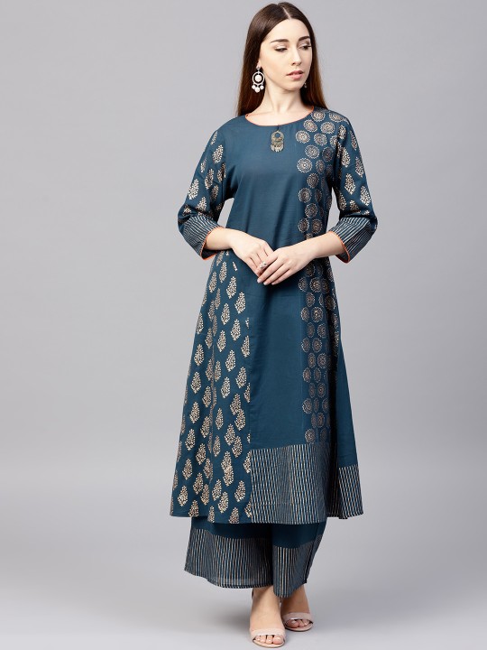 Women Teal Blue & Gold-Toned Printed Kurta with Palazzos S