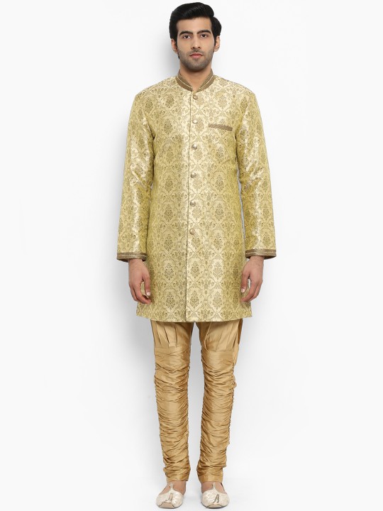 ethnix Men Gold-Toned Self Design Kurta with Churidar XS