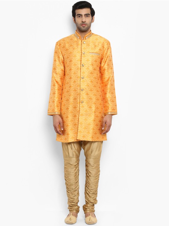 ethnix Men Orange & Brown Self Design Kurta with Churidar XS