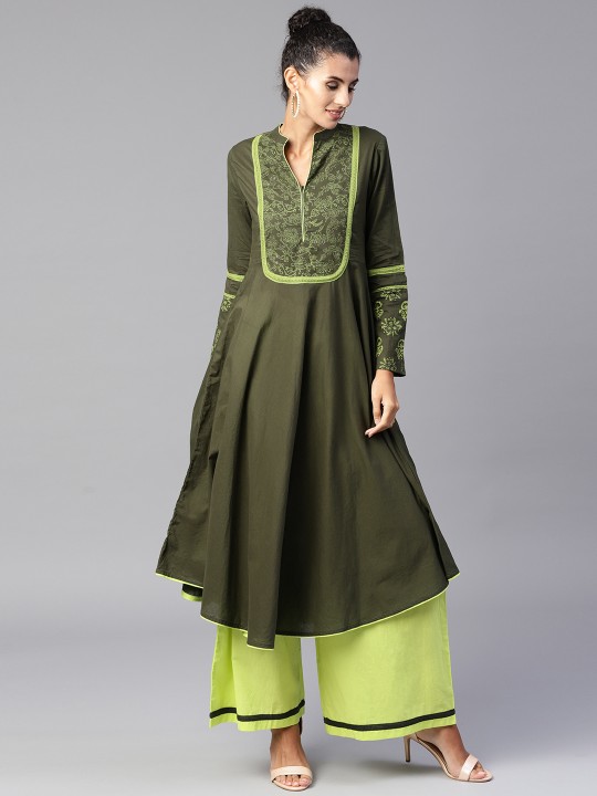 Women Green Yoke Design Kurta with Palazzos M