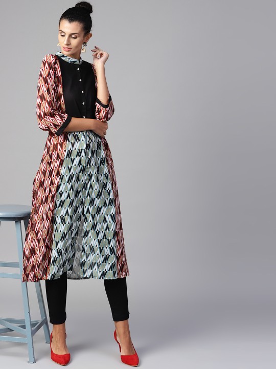Women Red & Black Printed Kurta with Trousers M