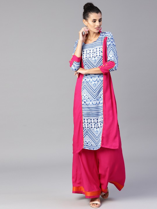 Women Pink & Blue Printed Kurta with Palazzos M