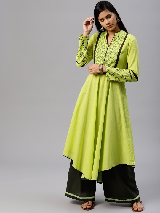 Women Green Yoke Design Kurta with Palazzos M