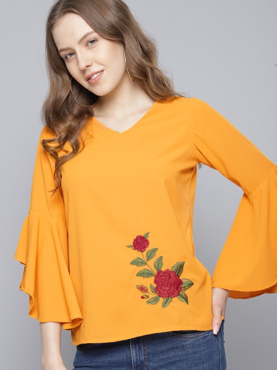 Tokyo Talkies Women Mustard Solid Top with Embroidered Detail