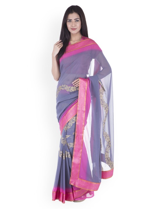 Lavender & Pink Pure Georgette Printed Saree