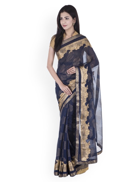 Blue & Gold-Toned Poly Chiffon Printed Saree