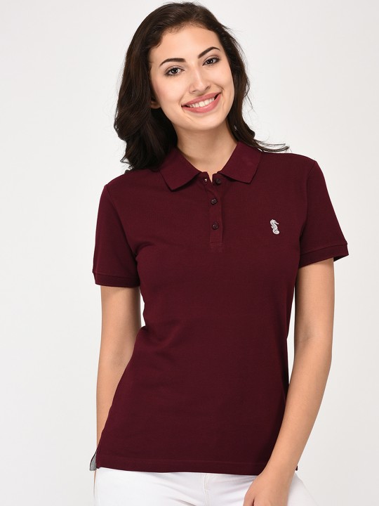 Women Maroon Solid Polo Collar T-shirt S
