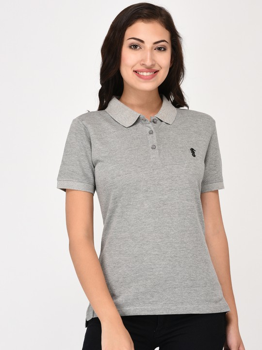 Women Grey Melange Solid Polo Collar T-shirt S