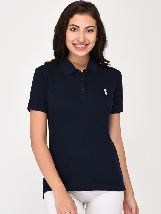 Women Navy Blue Solid Polo Collar T-shirt S
