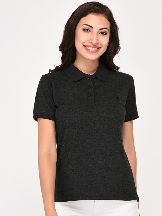 Women Charcoal Grey Solid Polo Collar T-shirt S