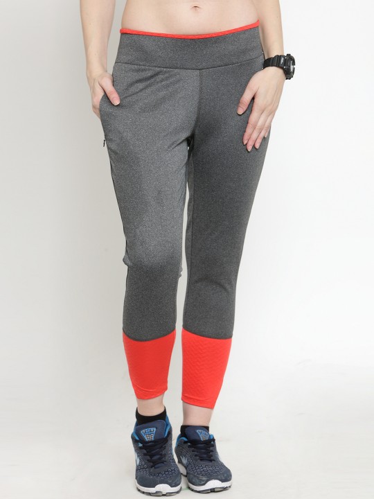 Women Charcoal Grey & Red Colourblocked Slim Fit Tights S