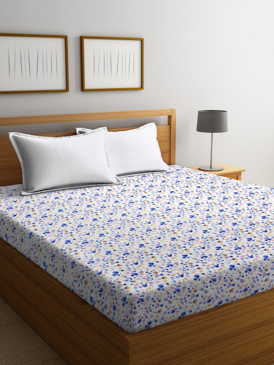 White & Blue Floral Flat 144 TC Cotton 1 King Bedsheet with 2 Pillow Covers