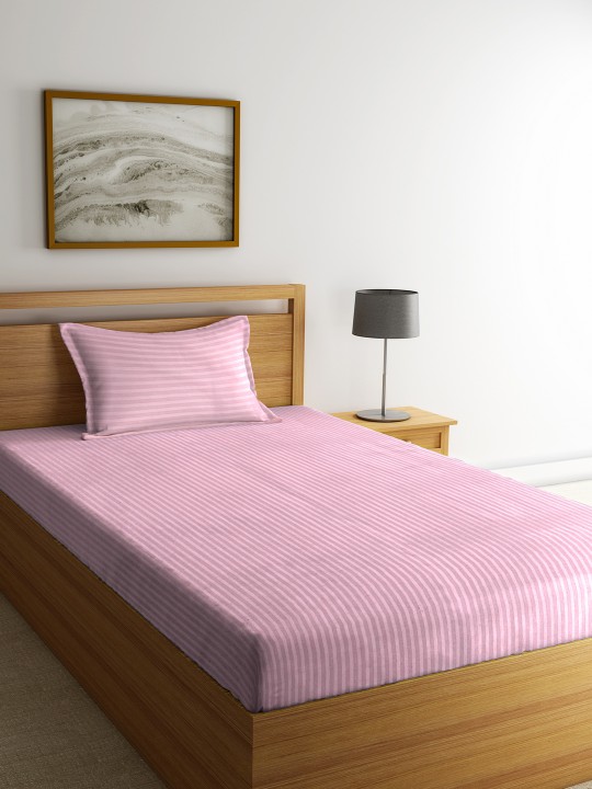 Pink Striped Flat 210 TC Cotton 1 Single Bedsheet with 1 Pillow Covers