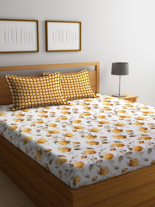 Off-White & Mustard Floral Flat 144 TC Cotton 1 Double Bedsheet with 2 Pillow Covers