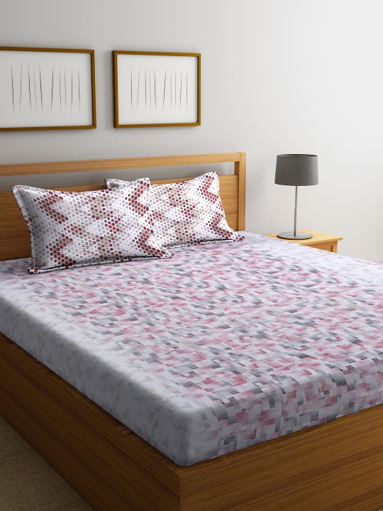 Pink & Grey Abstract Flat 144 TC Cotton 1 King Bedsheet with 2 Pillow Covers