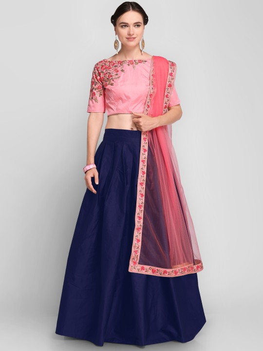 Pink & Navy Blue Embroidered Semi-Stitched Lehenga & Unstitched Choli with Dupatta