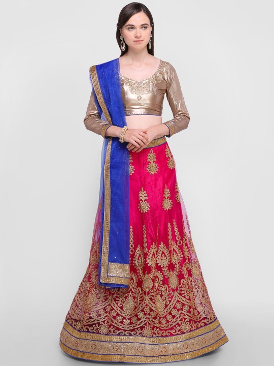 Pink & Gold-Toned Embroidered Semi-Stitched Lehenga & Unstitched Blouse with Dupatta