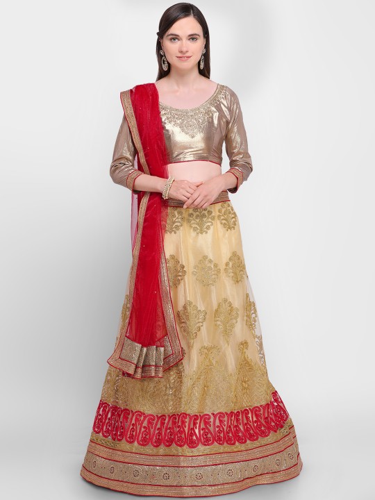 Beige & Red Embroidered Semi-Stitched Lehenga & Unstitched Blouse with Dupatta