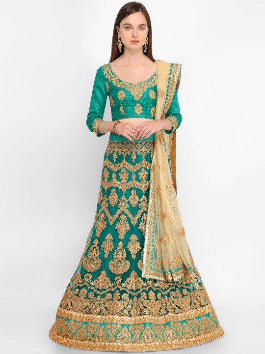 Green & Beige Embroidered Semi-Stitched Lehenga & Unstitched Choli with Dupatta