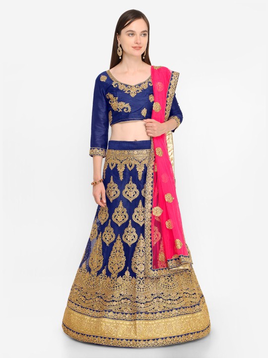 Navy Blue & Coral Embroidered Semi-Stitched Lehenga & Unstitched Choli with Dupatta