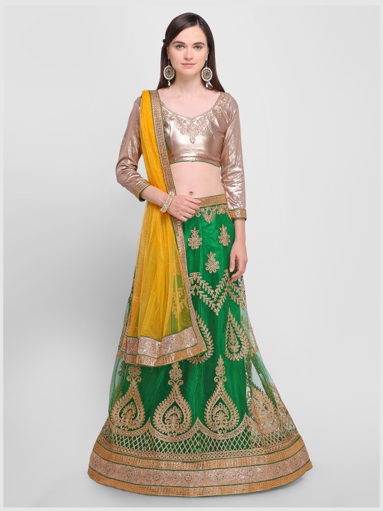 Beige & Green Embroidered Semi-Stitched Lehenga & Unstitched Choli with Dupatta