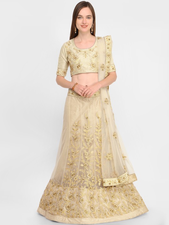 Beige Embroidered Semi-Stitched Lehenga & Unstitched Choli with Dupatta