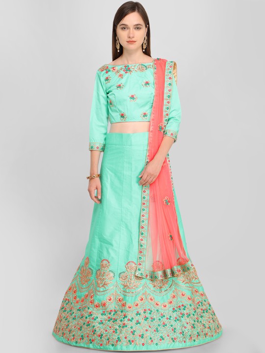 Sea Green Embroidered Semi-Stitched Lehenga & Unstitched Choli with Dupatta