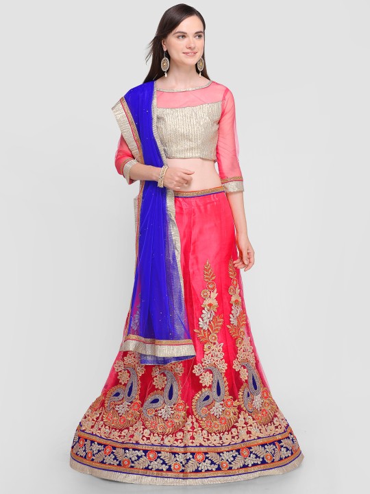 Pink & Gold-Toned Embroidered Semi-Stitched Lehenga & Unstitched Blouse with Dupatta