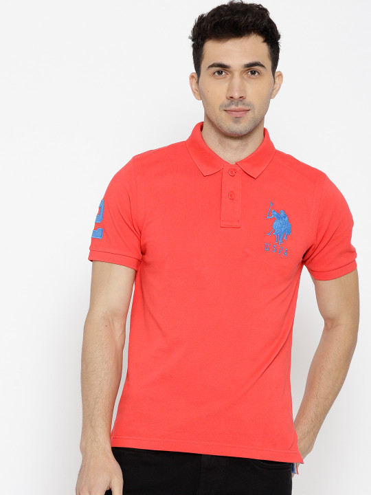 Men Coral Red Solid Polo Collar T-shirt XXL