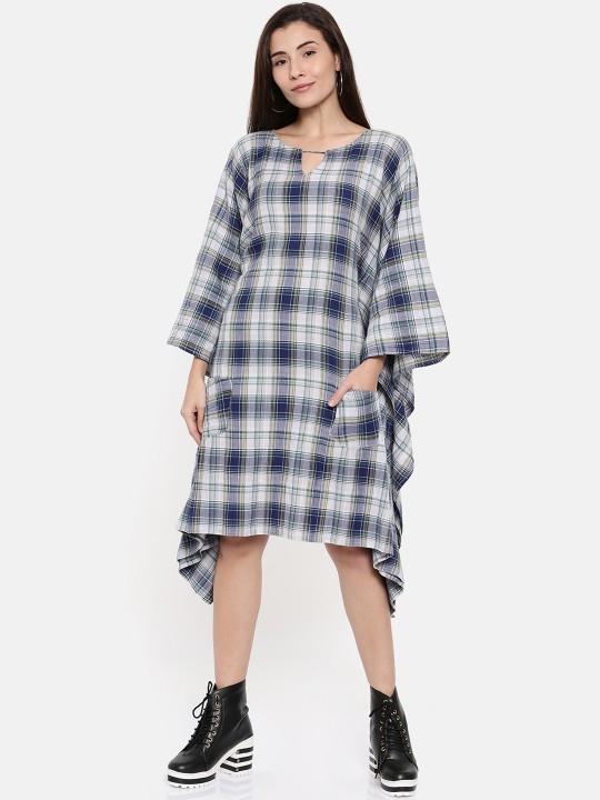 Women Blue Checked Kaftan Dress S
