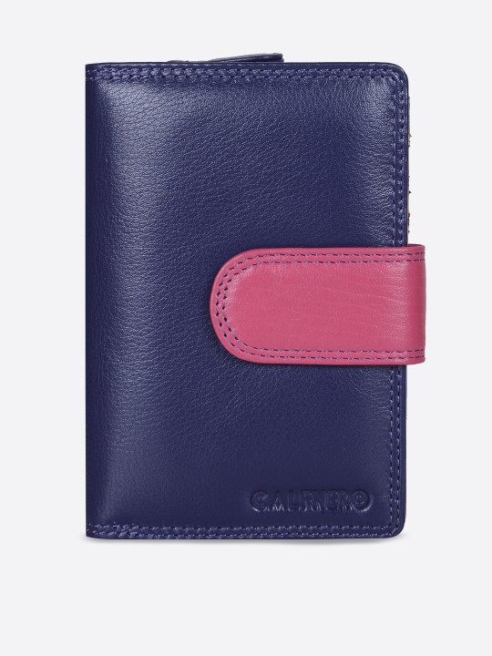 Women Navy Blue & Pink Solid Leather Two Fold Wallet