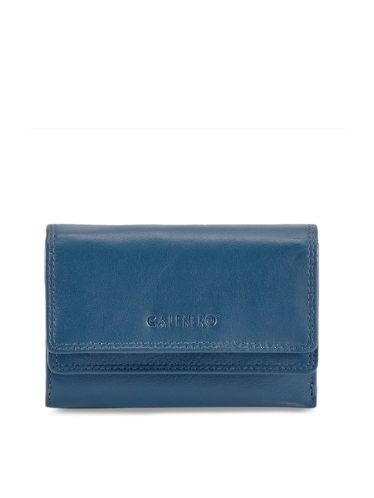 Women Teal Blue Solid Leather Three Fold Wallet