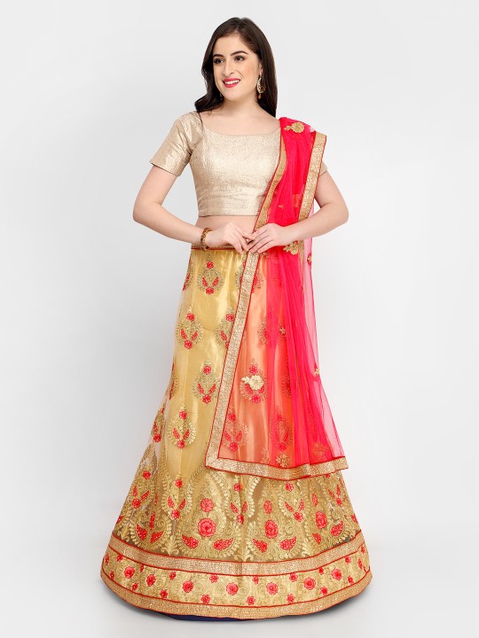 Gold-Toned & Red Solid Unstitched Lehenga & Blouse with Dupatta