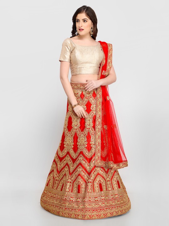 Red & Cream-Coloured Embroidered Semi-Stitched Lehenga & Unstitched Blouse with Dupatta