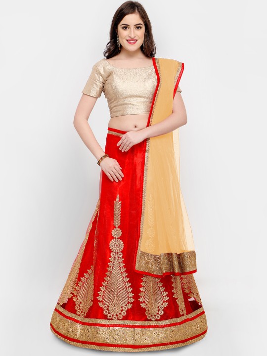 Red & Cream-Coloured Solid Semi-Stitched Lehenga & Unstitched Blouse with Dupatta