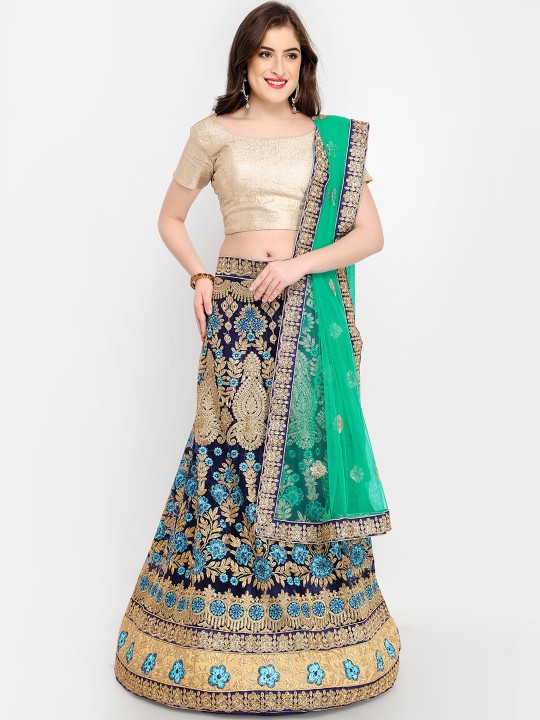 Navy Blue & Beige Embroidered Semi-Stitched Lehenga & Unstitched Choli with Dupatta